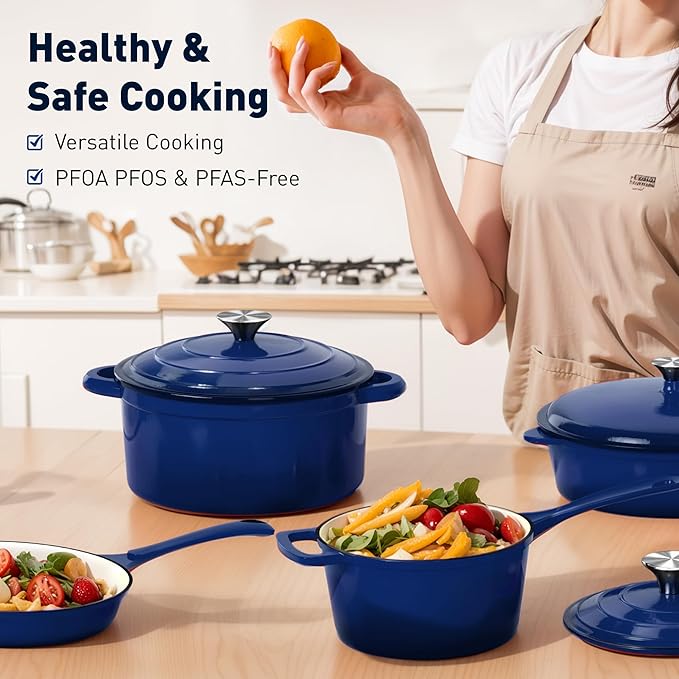 DishDelight Enameled Cast Iron Cookware Set, 7 Piece Set of Dutch Ovens, Sauce Pan, Skillet, 3 Lids, Ceramic Coated Cast Iron Dutch Oven Set, Round Dutch Oven Pot for Sourdough Bread Baking๏ผBlue