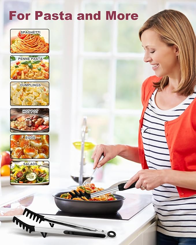 Silicone Spaghetti Spoon and Pasta Tong, Heat-Resistant Noodle Spoon Server, 13“ BPA-Free Spaghetti Strainer, Fork with Teeth and Stainless Steel Handle, Food-Grade Clip for Pasta, Black