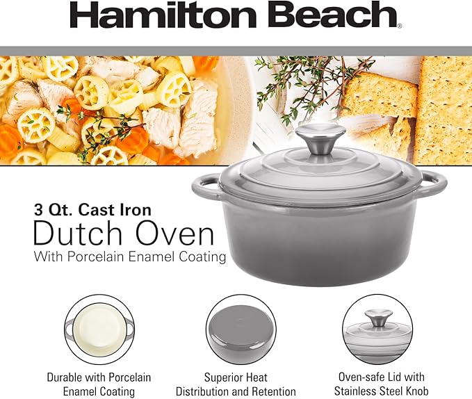 Hamilton Beach 3-Quart Enameled Cast Iron Dutch Oven with Lid | Cream Interior for Even Heat Distribution, Gray