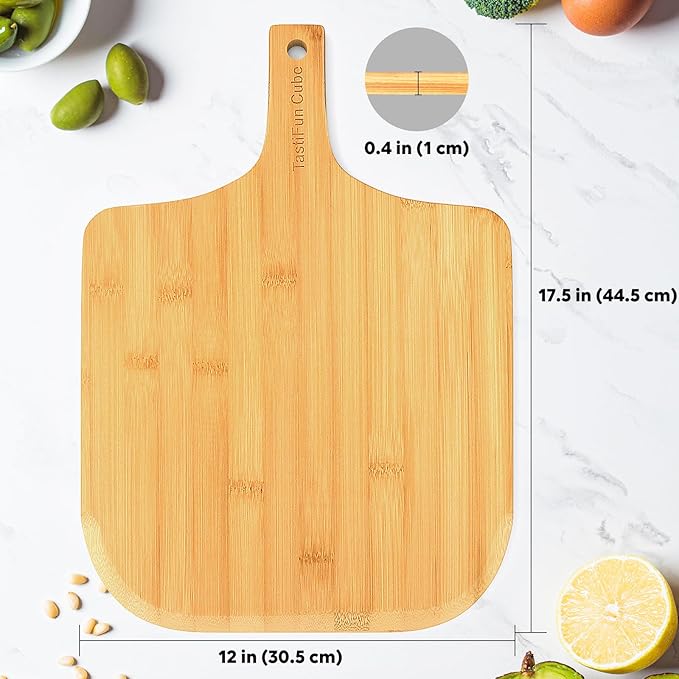 Pizza peel, 12" natural bamboo pizza paddle, Essential accessories for indoor Outdoor Ovens, baking homemade pizza, cutting board, Cheese, Serving Pizza, Bread, Cookies & More, Eco-Friendly & Durable