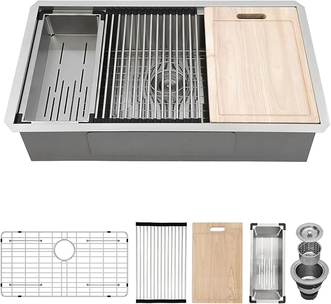 33 Undermount Kitchen Sink Stainless Steel 16 Gauge 33x19x9 Ledge Workstation Single Bowl Kitchen Sinkwith Round Corners 33x19x9 Inch Under Counter Kitchen Sink Basin