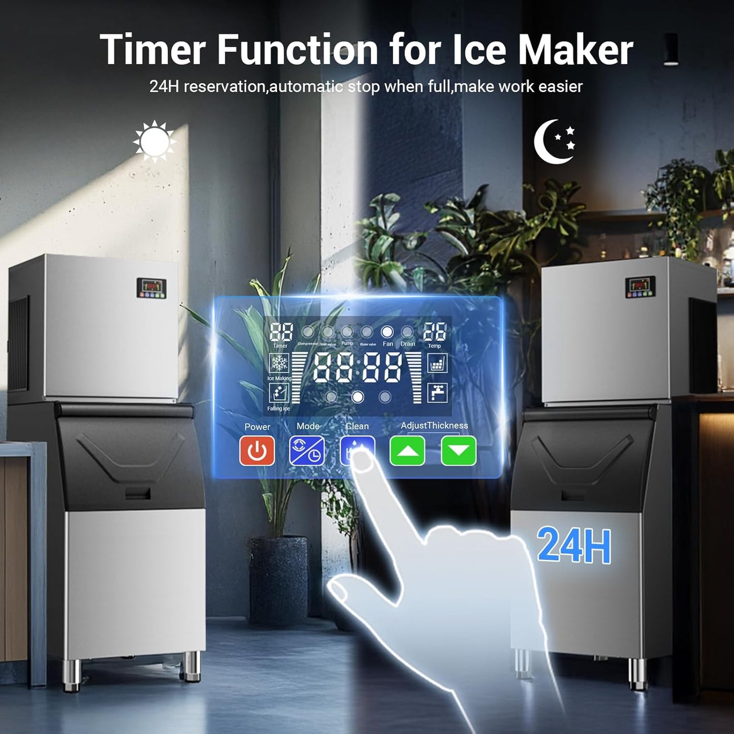 500 LBS/24H Commercial Ice Machine Maker with 350LBS Storage Bin, Large Industrial Ice Maker, Self-Cleaning, Timing Function, 132 Ice Cubes in 5-15min, 30 Adjustable Ice Thicknesses