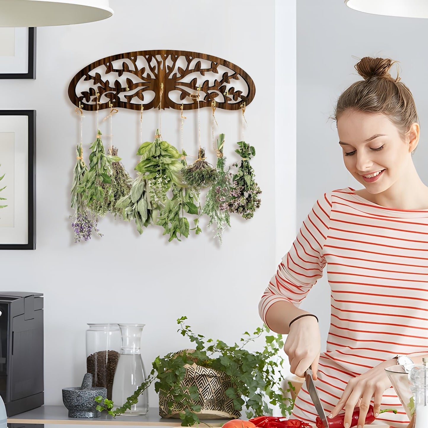 Herb Drying Rack - Wall Mounted Tree Design Holds 11 Bouquets, Space Saving Kitchen Herb & Flower Dryer, Rustic Wooden Hanging Decor for Gardeners, Crafters (dark brown)