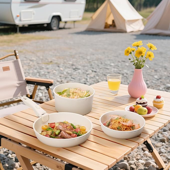 JEETEE Nonstick Pots and Pans Set with Removable/Detackable Handle (Beige, 25 Pieces)