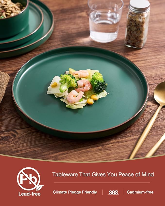 Famiware Nebula Ridge Stoneware Dinnerware Sets for 8, 24 Pieces Plates and Bowls Sets, Dishes Set, Microwave and Dishwasher Safe Kitchen Plates, Dark Green