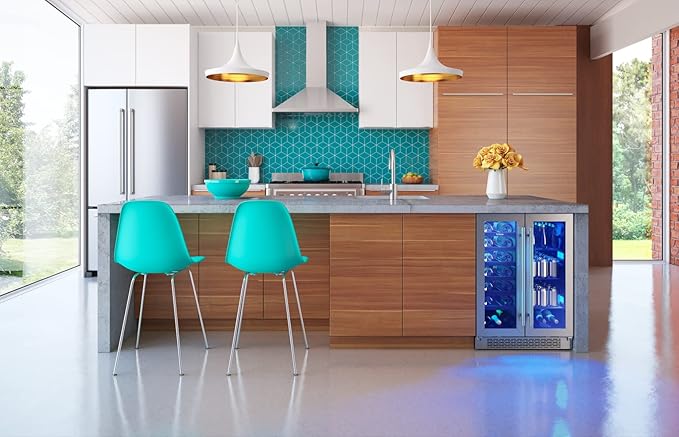 Zephyr Brisas 24 Inch Wine Fridge Dual Zone Under Counter Countertop Wine and Beverage Cooler Cabinet Home Bar Drink Beer Freestanding Refrigerator with French Door 21 Bottles 64 cans