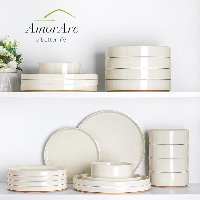 AmorArc Ceramic Dinnerware Set for 6 | Speckled Stoneware Plates and Bowls with Rustic Terracotta Underside| Scratch Resistant,Dishwasher & Microwave Safe Dishes Sets- 18pcs Beige