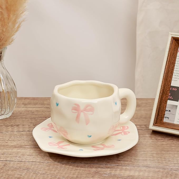 Koythin Ceramic Coffee Mug with Saucer Set, Cute Pink Big Bow Cup Unique for Office and Home, 10 oz/300 ml for Latte Tea Milk