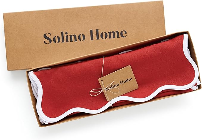 Solino Home Scallop Cloth Placemats Set of 4-100% Pure Linen Christmas Red Placemats 14 x 19 Inch - Giselle Scallop Edge, Handcrafted and Machine Washable