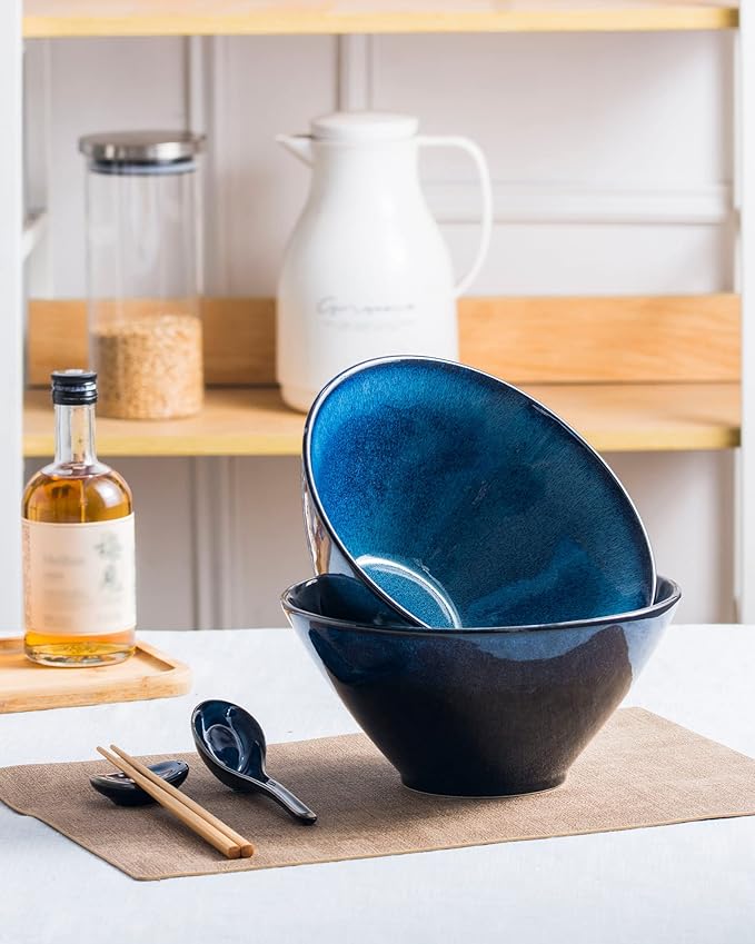 Large Salad Soup Ramen Serving Bowls, 71 OZ Ceramic Japanese Ramen Noodle Bowls with Chopsticks, Spoons and Rests - Super Big Bowl Sets for Udon, Pho, Pasta, Cereal, Set of 2 - Reactive Blue