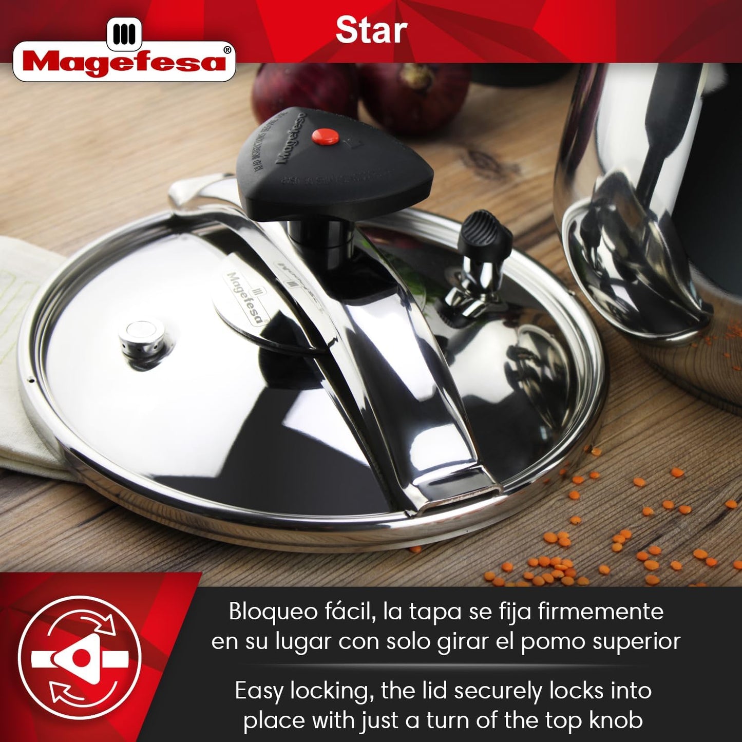 MAGEFESA Star Pressure Cooker, 12.7-Quart, 18/10 Stainless Steel, Works on All Stovetops (Induction Compatible), Safety Lock & 8 PSI Cooking