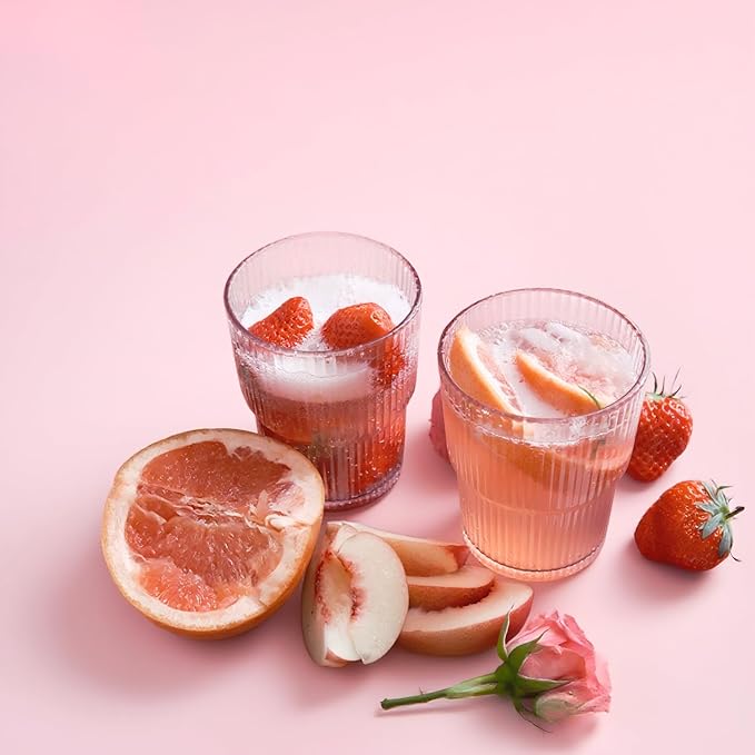 Ribbed Drinking Cups Set of 4-14oz Pink Highball Glass, Stackable Vintage Tumblers for Cocktails, Iced Coffee, Juice & Water, Elegant Everyday Glassware