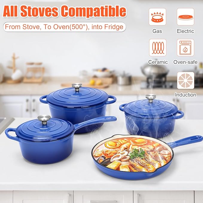 Enameled Cast Iron Cookware Set, 7-Pcs Pots and Pans with Lid, Skillet, Frying Pan, Saucepan & Dutch Oven for All Stovetops, PFA Free - Ideal for Sourdough Bread Baking, Cobalt Blue