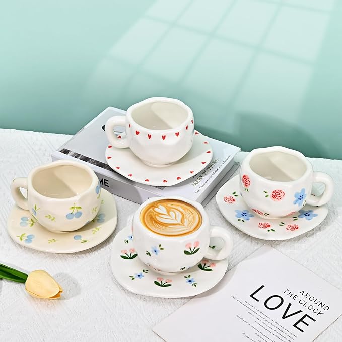 Koythin Ceramic Coffee Mug with Saucer Set, Cute Creative Love Heart Cup Unique Irregular Design for Office and Home, 10 oz/300 ml for Latte Tea Milk