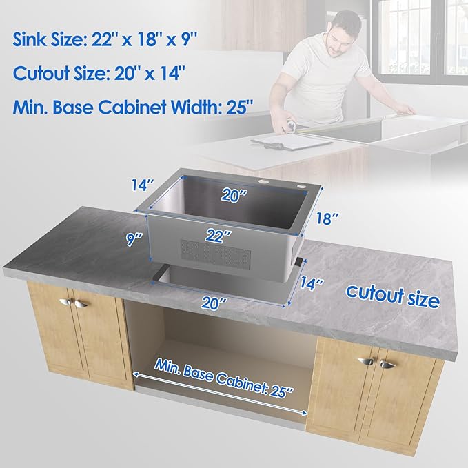 ROVOGO 22x18x9 inch Drop in Kitchen Sink Single Bowl, 304 Stainless Steel Modern Sink Top Mount with 2 Holes, Brushed