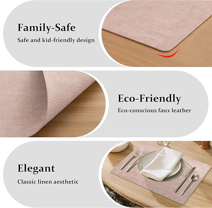 FROMHEART Faux Leather Placemats Set of 6–Waterproof,Heat/Oil Stain-Resistant PU Table Mat–Reversible,Non-Slip,Easy to Clean Place Mats for Kitchen,Dining,Indoor/Outdoor,(Pink,11.8" x 17")