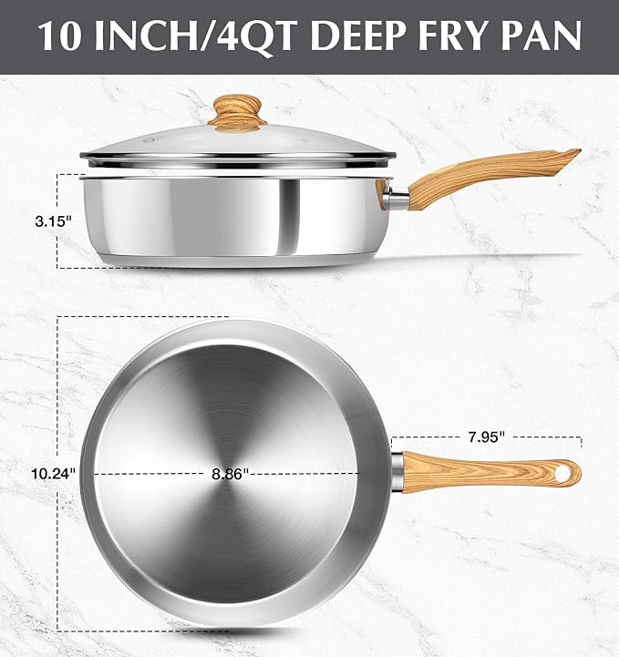 KOCH SYSTEME CS Saute Pan with Lid, 10 Inch Stainless Steel Saute Pan with Lid, Deep Frying Pan with Cool-Touch Bakelite Handle, Stylish Stainless Steel Pan, Deep Fry Pans 4 Quart, Induction Ready