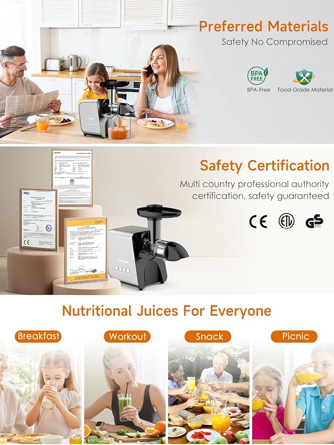 Slow Cold Press Juicer for Fruits Vegetables Celery Carrot Ginger, Masticating Juicer Machine Soft Hard Reverse Function,250W Motor,Easy To Clean, Fresh Orange Juice Extractor