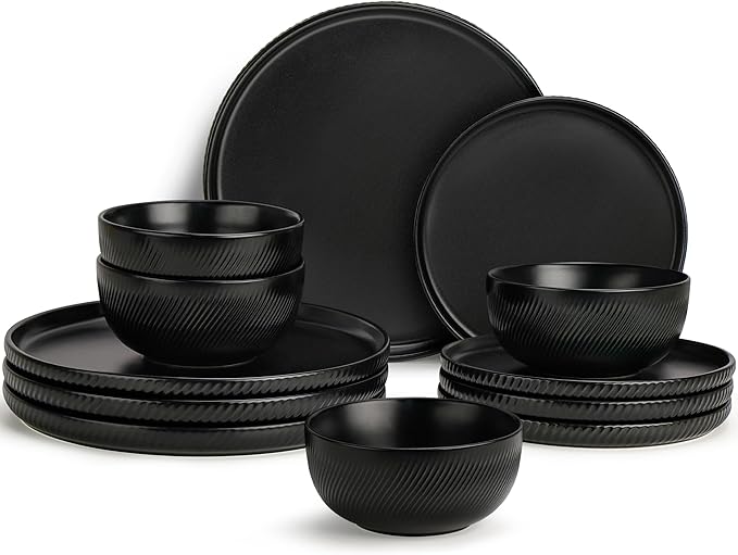 Matte Black Plates and Bowls Set 12pcs, Stoneware Dinnerware Sets for 4, Dishwasher and Microwave Safe Ceramic Dishes Set, Ribbed, Obsidian Night