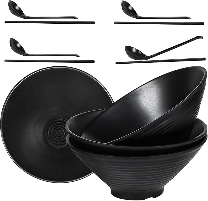 Set of 4 Ramen Bowl Set, Melamine Large Japanese Style Noodle Soup Bowls Set with Spoons and Chopsticks for Ramen, Pho, Noodles, Asian Dishes Black,Large Bowl for Adults| Dishwasher Safe (Black 8.7in)