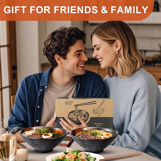 9.4Inch Ceramic Ramen Bowl Set of 2 (9 Piece) - Porcelain Japanese Salad Noodles Cereal Fruit Pasta Soup Large Bowls with Recipes Chopsticks Forks Spoons for Men Women Gift Microwave Dishwasher Safe