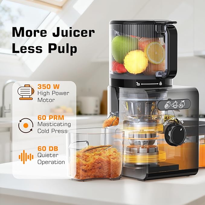 Cold Press Juicer Machines with 6.5" Large Feed Chute, Juicer for Whole Vegetables & Fruits, High Juice Yield (Black)