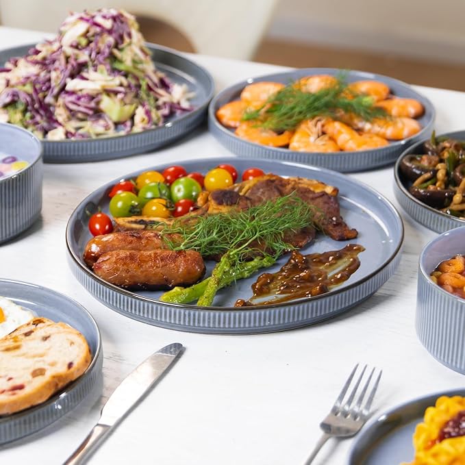 Romswi Dinnerware Set for 4, 16Pcs Stoneware Plates and Bowls Sets with Mugs, Chip & Scratch Resistant Dish Set, Handmade Reactive Glaze Plate Set, Oven, Microwave and Dishwasher Safe, Gray Blue