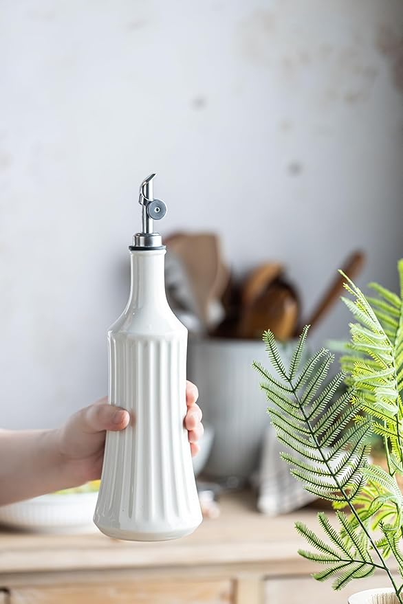LYEOBOH Olive Oil Dispenser Bottle, Oil Dispenser for Kitchen, Ceramic Cooking Vinegar Dispensing Bottles with Spout, White