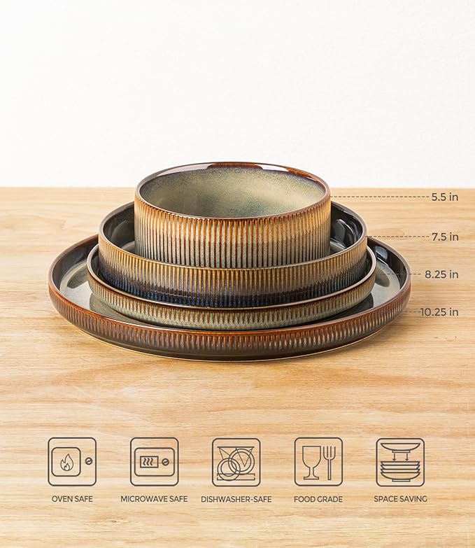 TheTerra Ceramic Dinnerware Sets with Pasta Bowls for 4, 16 Pieces Porcelain Lightweight Plates and Bowls Sets, Scratch Resistant Dish Set, Oven & Microwave & Dishwasher Safe, Coca Mocha