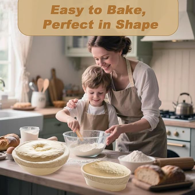 Banneton Bread Proofing Basket Set - 9" Round & 10" Oval Sourdough Baking Kit, Natural Indonesian Rattan with Linen Liners, Bread Lame, Danish Dough Whisk, Bowl Scraper and Sourdough Scraper