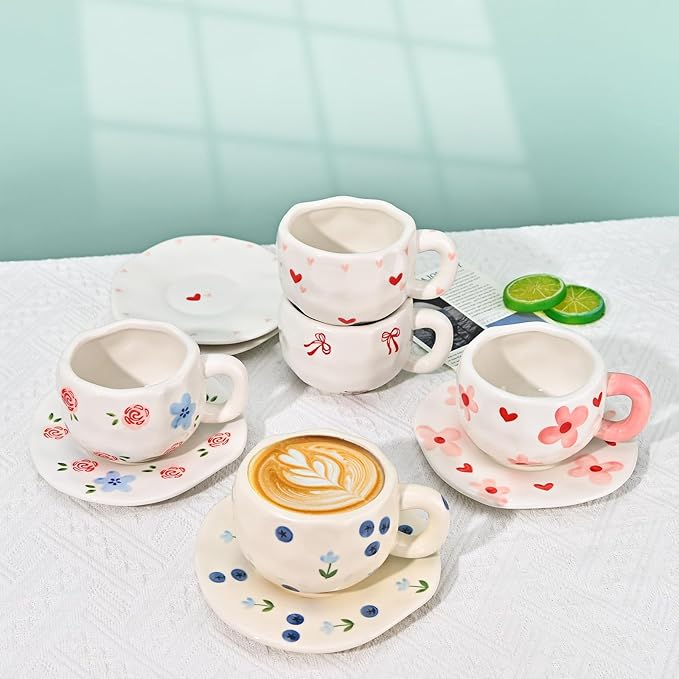 Koythin Ceramic Coffee Mug with Saucer Set, Cute Creative Red Rose Cup Unique Irregular Design for Office and Home, 10 oz/300 ml for Latte Tea Milk