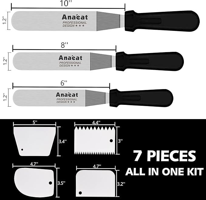 Anaeat Icing Spatula, 3 Pieces Professional Angled Offset Frosting Spatulas with 6", 8", 10" Stainless Steel Blades & 4 Pack Cake Smoother Scraper for Cake Decorating, Baking & Pastry (Set of 7)