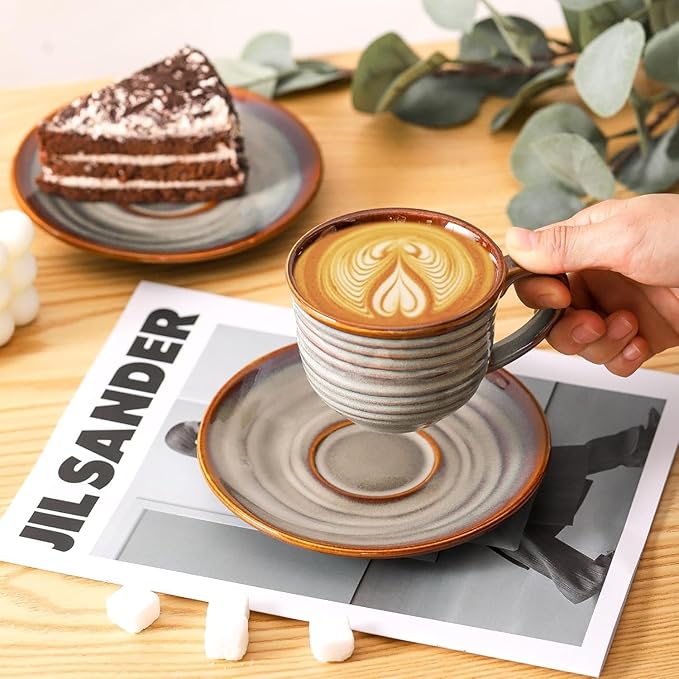 Ceramic Espresso Cups with Saucers 8 Oz,Set of 4 Cappuccino Mug with Handle for Coffee,Tea,Latte and Macchiato,Porcelain Demitasse Cups Set for Kitchen and Cafe,Christmas Gift,Brown