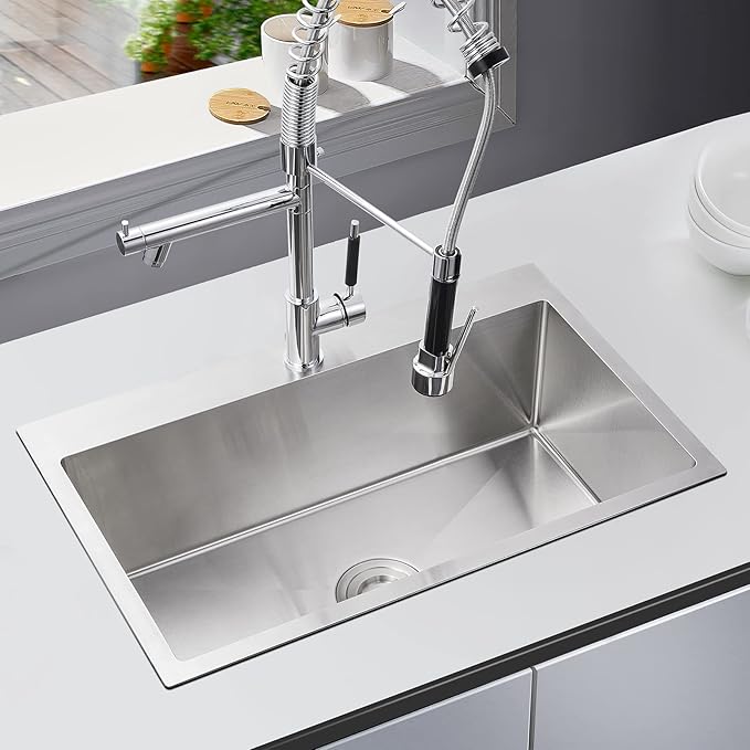 28 inch Drop-in Kitchen Sink, Topmount Kitchen Sink Single Bowl 304 Stainless Steel, 9 Inch Deep Handmade Overmount Sink with Strainer