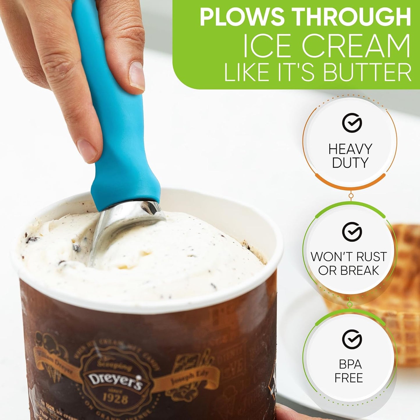 Spring Chef Ice Cream Scoop with Comfortable Handle, Professional Heavy Duty Sturdy Scooper, Premium Kitchen Tool for Cookie Dough, Gelato, Sorbet, Teal