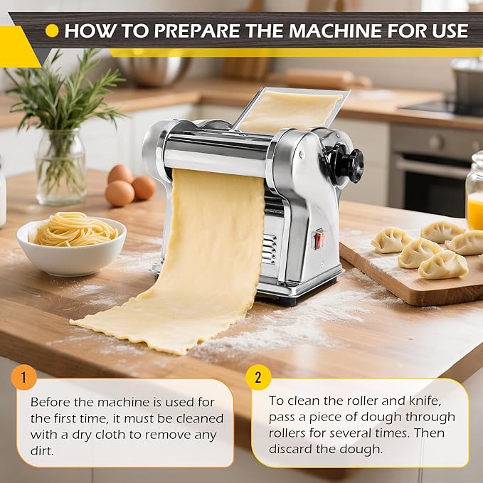 Dyna-Living Electric Pasta Maker Noodle Maker Machine Dough Spaghetti Roller Pressing Machine Thickness Adjustable Stainless Steel 135W for for Home Family Use (1.5mm round noodle+4mm flat noodle)
