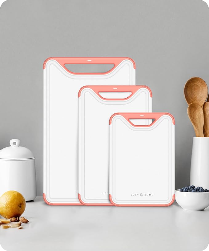 Cutting Boards for Kitchen, Plastic Cutting Board Set of 3, Dishwasher Safe Cutting Boards with Juice Grooves for Meat, Veggies, Easy Grip Handle, Serveware Accessories (Pink)