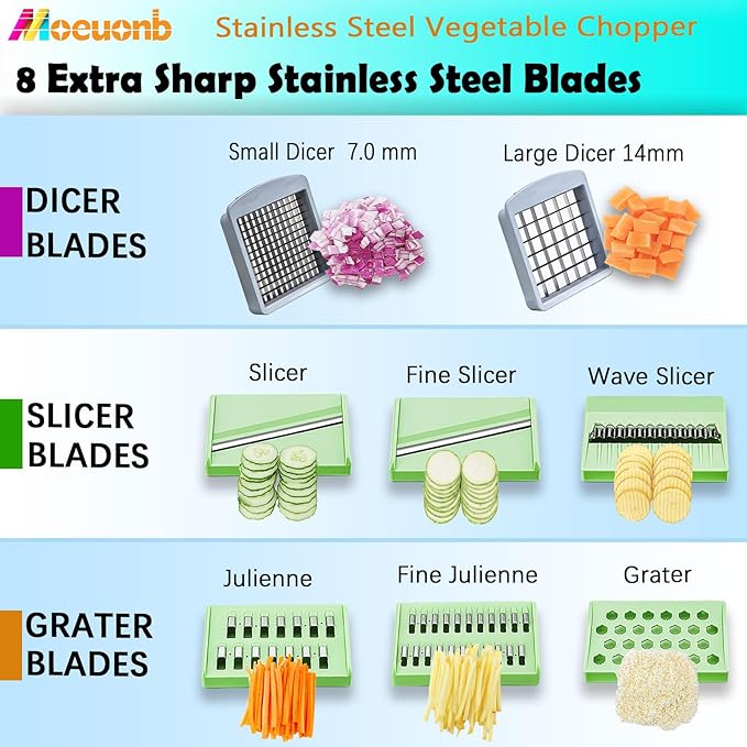 All-in-1 Vegetable Chopper with 8 Blades - Mandoline Slicer-Pro Food Chopper with Container - Veggie Salad Onion Chopper - Potato Dicer French Fry Cutter - Cheese Grater - Stainless Steel material