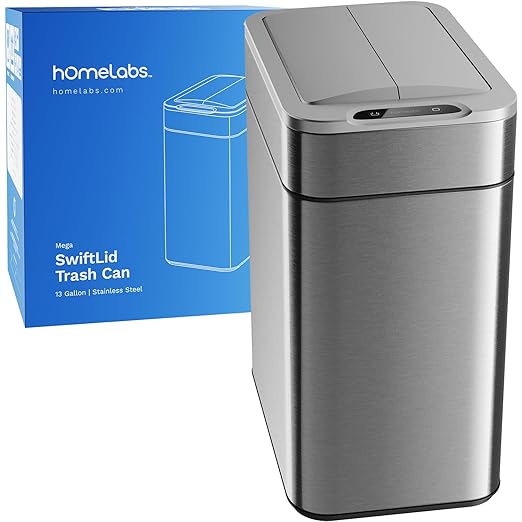 hOmeLabs - 13 Gallon Kitchen Trash Can - Retractable Automatic Sensor Butterfly Lid, Space-Saving Design, Easy to Clean, Battery-Operated with Batteries Included - Stainless Steel