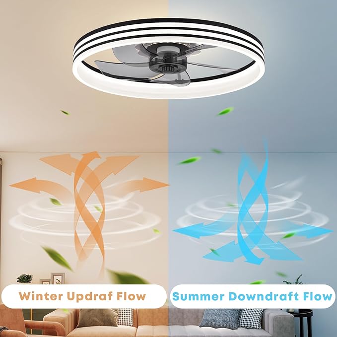 20‘’ Ceiling Fan with Light, Upgraded Low Profile Fan, Flush Mount Ceiling Fan, 6 Speeds, Dimmable LED, App & Remote Control, Quiet DC Motor, for Bedroom, Living Room, F118 Black