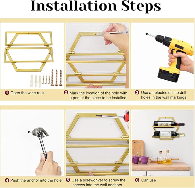 2Pcs Wall Mounted Wine Bottle Rack, Metal Hanging Wine Display Holder Organizer, Red Wine Racks for Home Kitchen Bar Decor Storage(Gold)