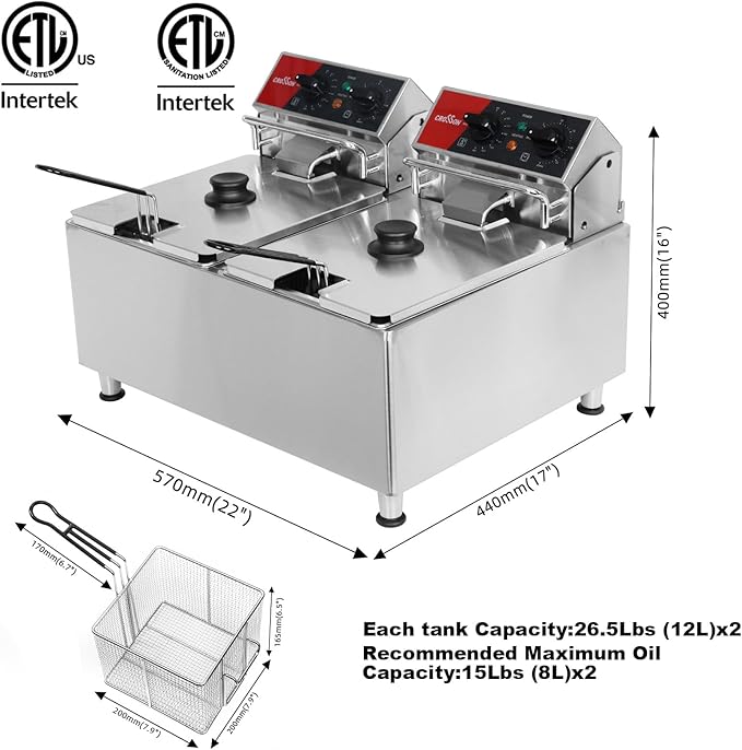 CROSSON ETL Listed 30Lbs Dual Tank Electric Commercial Deep Fryer with Solid Basket,Lid and Height Adjustable Legs for Restaurant Use,8L×2 Commercial Countertop Deep Fryer-120V/3600W(30Amps)
