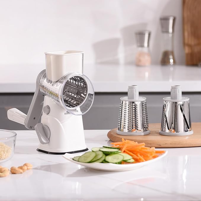 Rotary Cheese Grater Hand Crank, Kitchen Mandolin Vegetable Cheese Shredder with 3 Interchangeable Blades,Easy Clean Rotary Grater with Handle,Kitchen Grater Grinder for Cutting Cheese,Vegetable Nuts