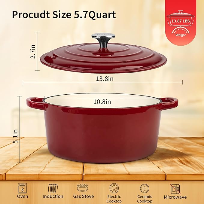 Enameled Cast Iron Dutch Oven Pot with Lid, 5.7 Quart Dutch Oven for Bread Baking, Oven Safe up to 500° F, Suitable for Bread Baking, Braising, Roasting, Stews, Red