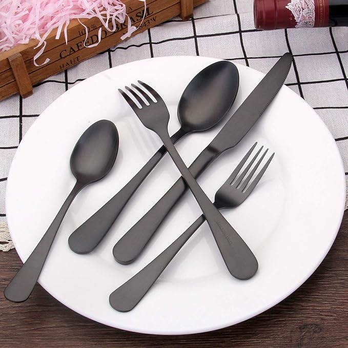 Matte Black Silverware Set, Satin Finish 20-Piece Stainless Steel Flatware Set,Kitchen Utensil Set Service for 4,Tableware Cutlery Set for Home and Restaurant, Dishwasher Safe