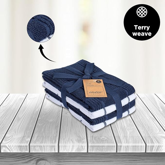 AMOUR INFINI Kitchen Towels Pack of 4 Absorbent, Quick Drying Premium Terry Cotton Dish Towel with Hanging Loop 16x28 Inch Hand & Tea Towels (Blue)