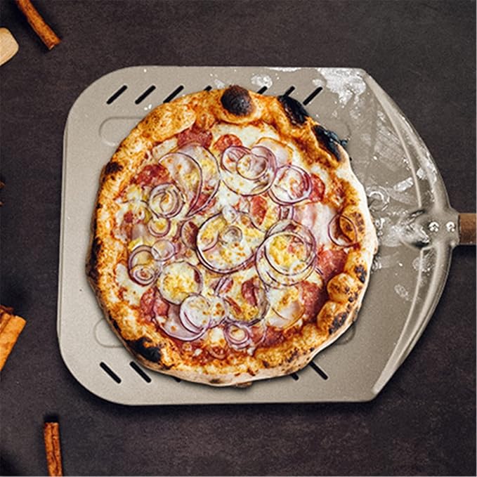 Q Pizza Perforated Pizza Peel 14" with Detachable Long Handle for Grill Oven, Large Pizza spatula Turning Paddle, Oven Accessory for Baking Bread Pastry Dough Pie Cake, Aluminium