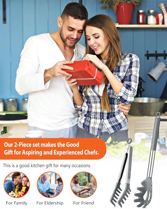 Silicone Spaghetti Spoon & Pasta Tong, Non-Stick Stainless Steel Handle Pasta Fork Set with Teeth, Food Clip for Easy Serving of Noodles(Grey)