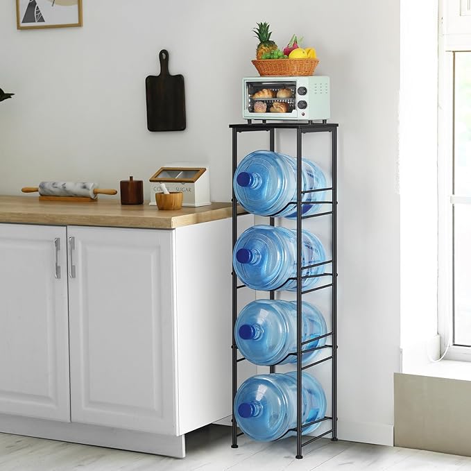 Vrisa Water Jug Holder 5 Gallon Water Jug Stand 4-Tier Water Gallon Holder Organizer with Storage Shelf 3/5 Gallon Water Jug Rack for Home Office Kitchen Black
