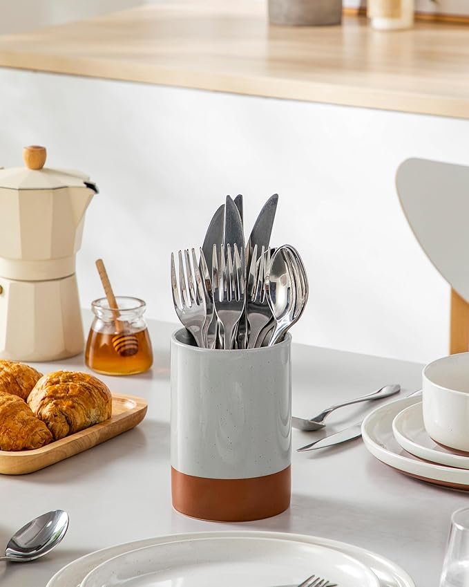 MALACASA Utensil Holder, 5.5" Ceramic Kitchen Utensil Holder for Countertop, Cooking Utensil Crock for Kitchen Counter, Farmhouse Utensil Organizer for Spatula & Spoon, Khaki Gray, Series TARA